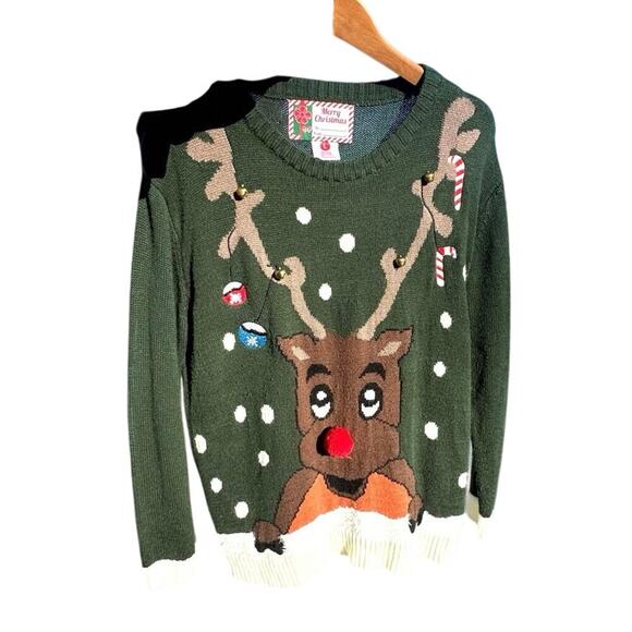 Merry Christmas Rudolph The Red Nose Reindeer Ugly Christmas Bells Sweater Large - Picture 3 of 10